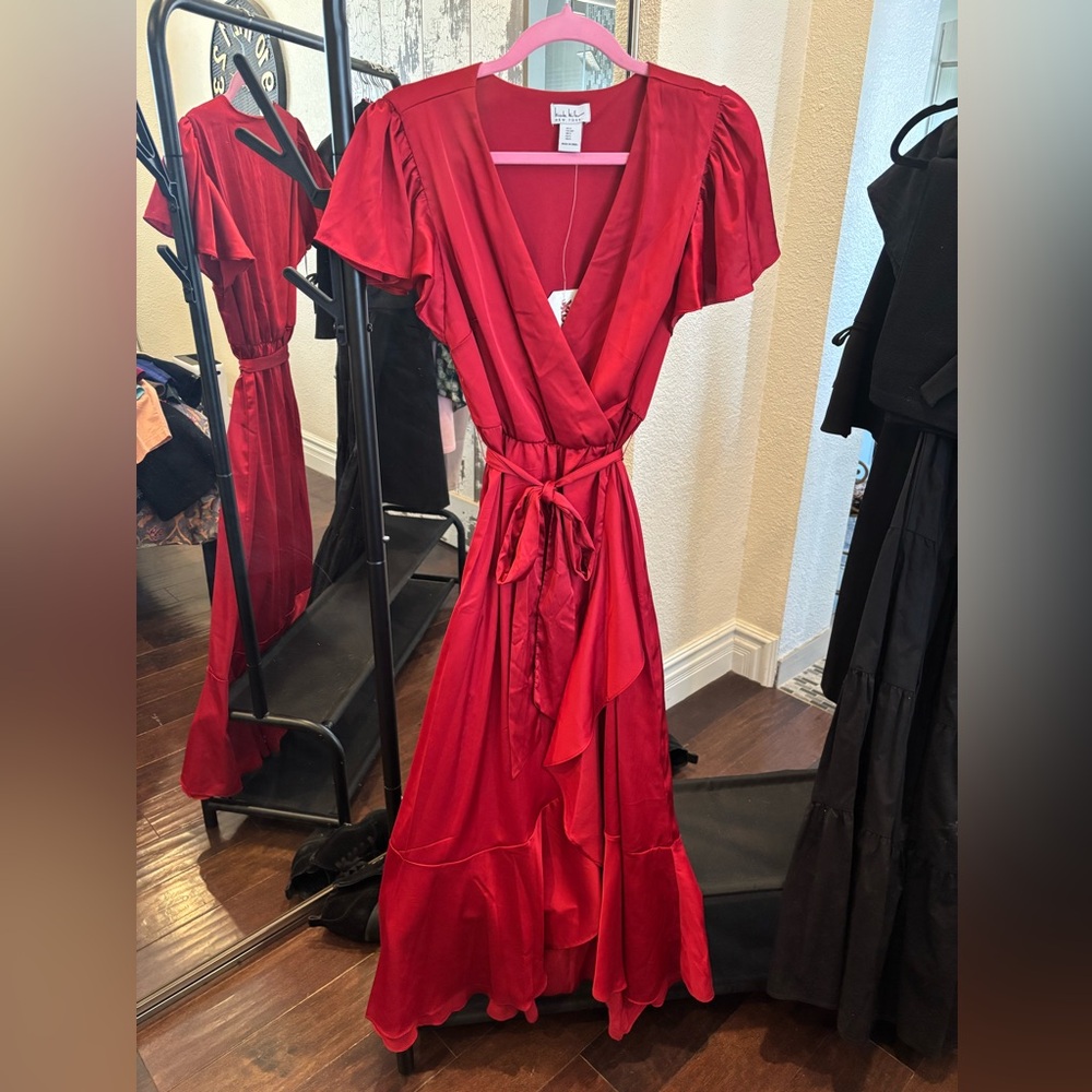 Nicole Miller Red Satin Maxi Wrap Dress